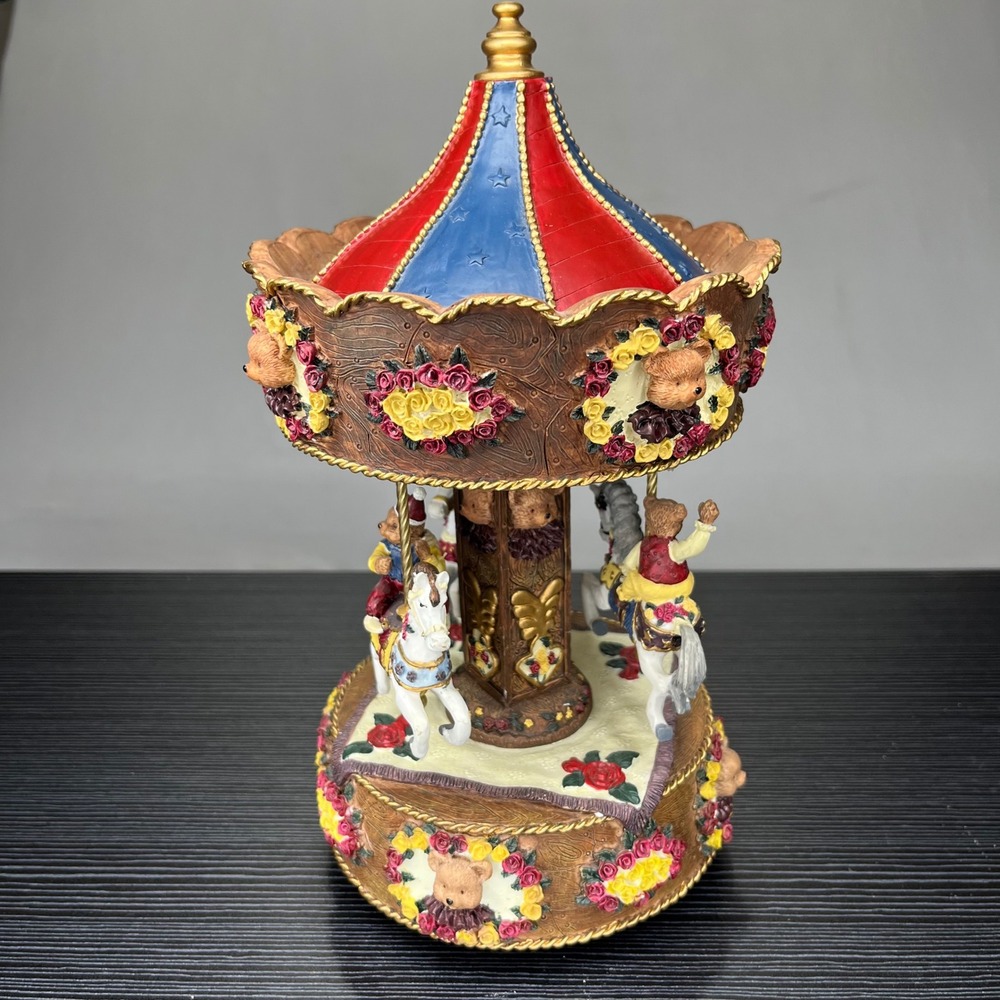 Musical Carousel Teddy Bear Horse Figurine Red Blue Floral Nursery Decor 10in - Picture 7 of 14